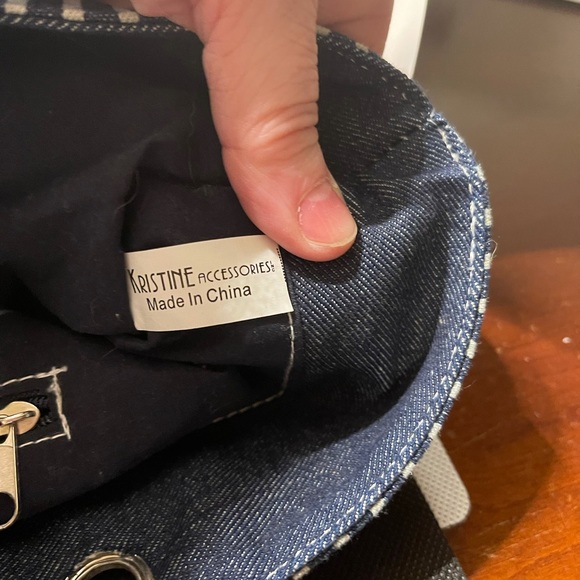 Blue Denim Tote Purse Bag Patchwork Flower Accent Silver Cross - Picture 2 of 7